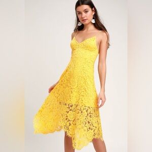 Lulu’s One Wish Yellow Floral Lace Midi Dress Size S